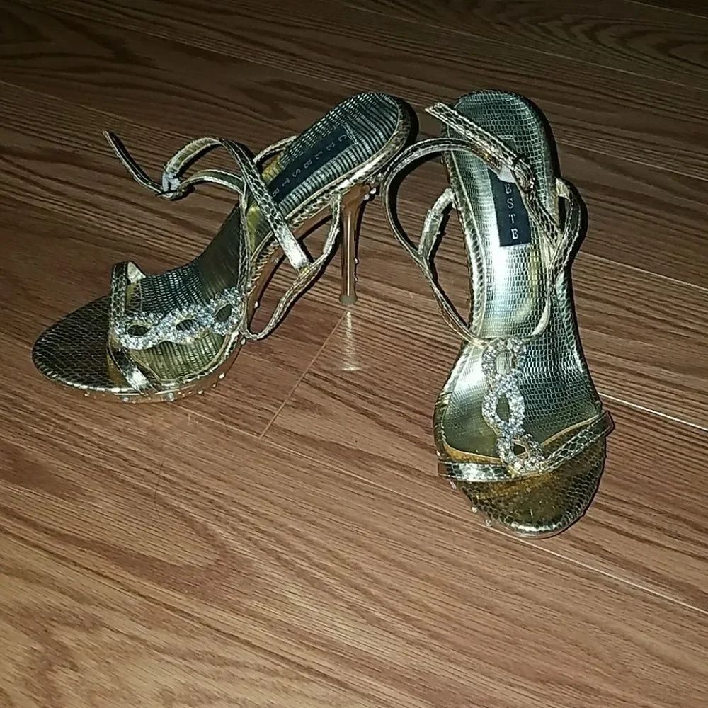 Celeste gold bling rhinestone heels Sz 6.5 EUC